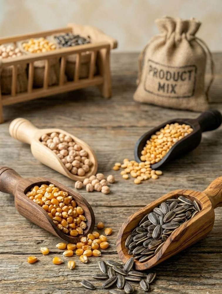 Client-supplied product presentation image with corn, sunflower seeds, peas and chickpeas
